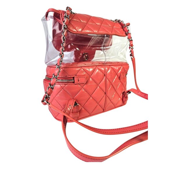 CHANEL Quilted Crumpled Leather Clear Backpack Handbag Pink Chain Zip Around CC - Picture 9 of 16
